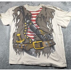 Men's XL Pirate Skull Sword Graphic T Shirt Ivory All Over Print Streetwear